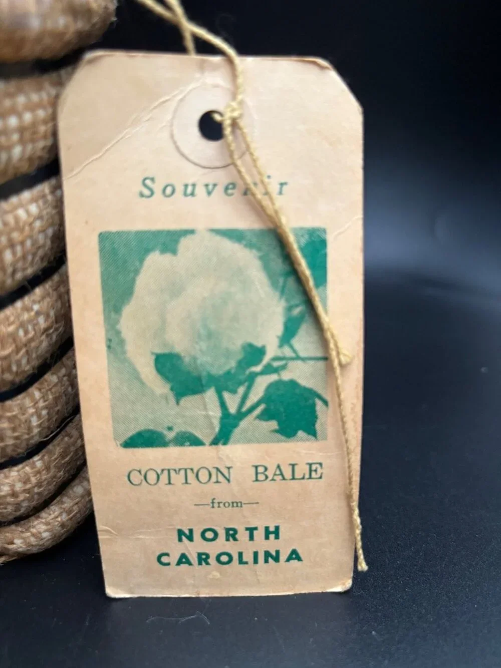 Miniature Cotton Bale Souvenir From North Carolina Burlap Wrapped With Tag